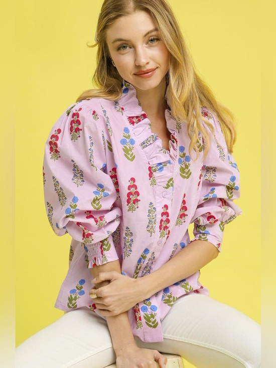 Umgee Tops - Umgee Floral Print Lantern Sleeve Button Down Shirt